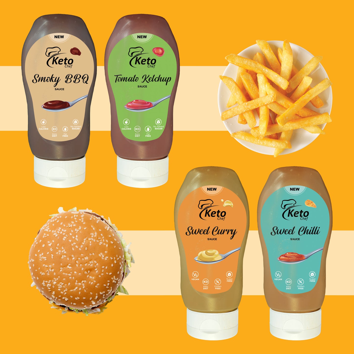 Keto Chef Sauces Combo (Sweet Curry, Smoky BBQ, Tomato Ketchup, Sweet Chilli Sauce)