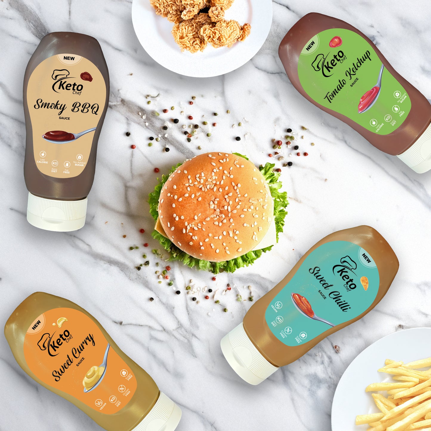 Keto Chef Sauces Combo (Sweet Curry, Smoky BBQ, Tomato Ketchup, Sweet Chilli Sauce)