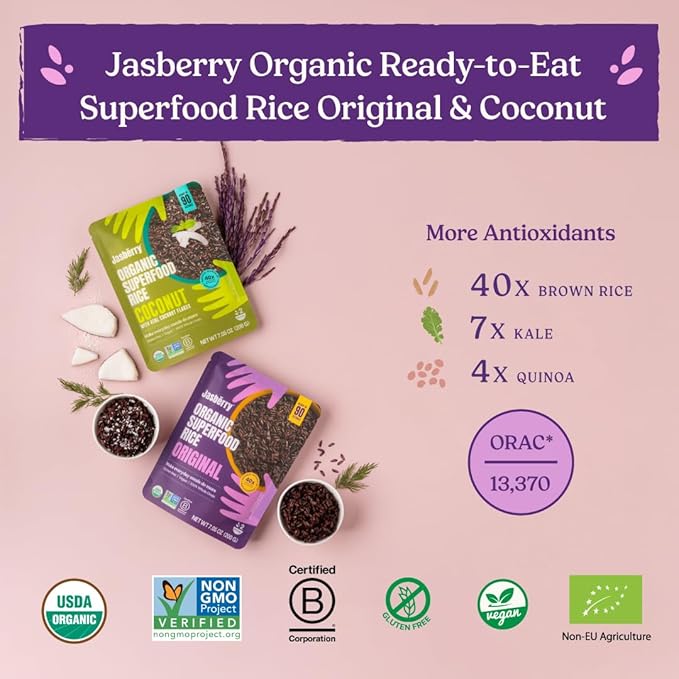 Jasberry Organic Rice - Superfood Rice with High Antioxidants, Ready to Eat or Heat, 100% Jasberry Rice, Non-GMO, Gluten-Free, USDA Certified Organic, Vegan (Pack of 6, Mix Pack)