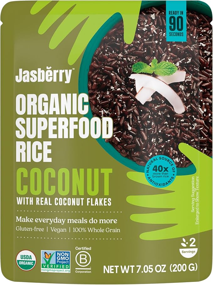 Jasberry Organic Rice - Superfood Rice with High Antioxidants, Ready to Eat or Heat, 100% Jasberry Rice, Non-GMO, Gluten-Free, USDA Certified Organic, Vegan (Pack of 6, Coconut)