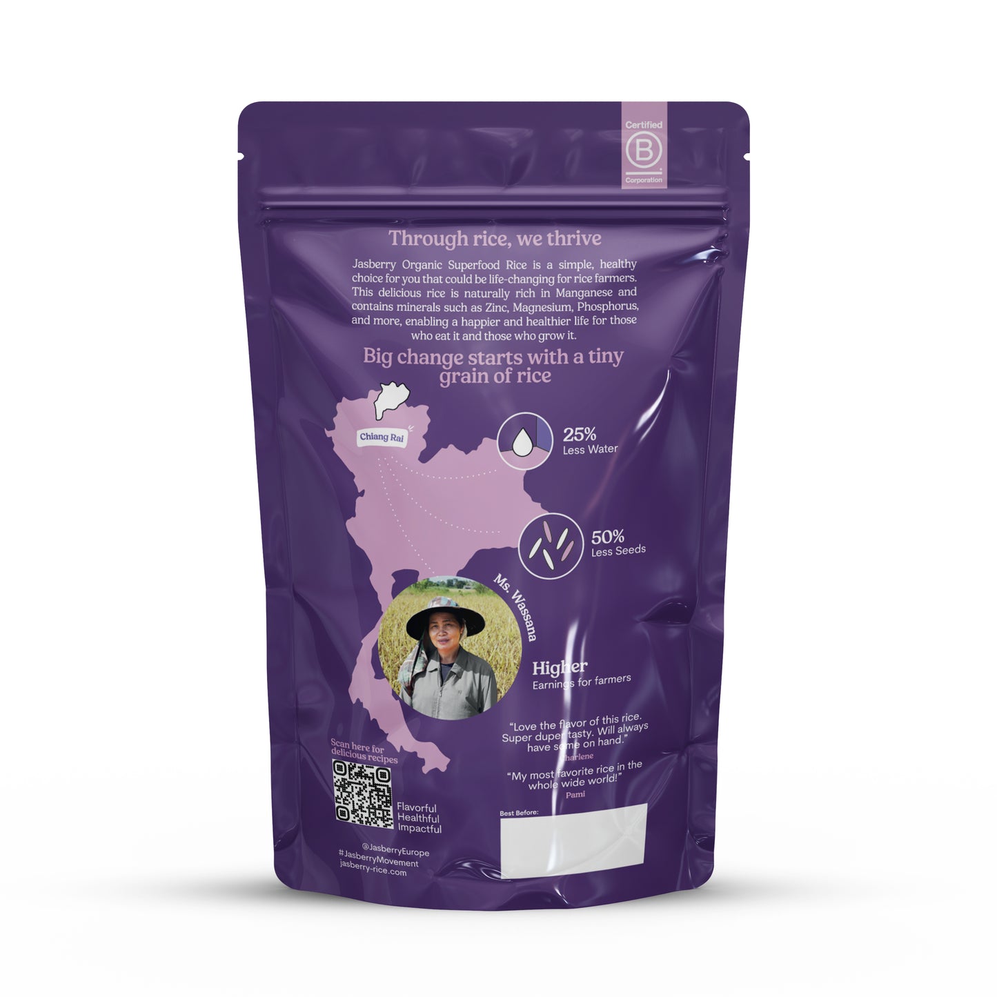 Jasberry - Organic Superfood Rice, Soft & Aromatic Whole Grain Purple Rice, High in Antioxidants, Non-GMO, Gluten-free, Easy to cook, Versatile USDA Certified Organic, Vegan (15 Oz Resealable Zip Bag)
