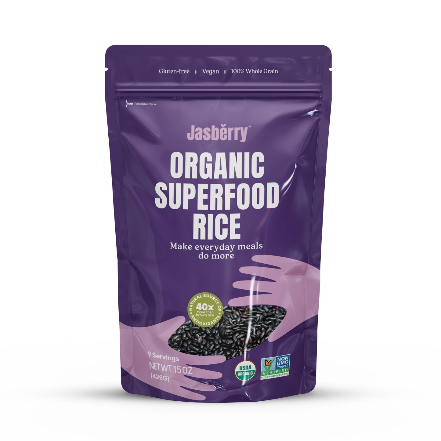Jasberry - Organic Superfood Rice, Soft & Aromatic Whole Grain Purple Rice, High in Antioxidants, Non-GMO, Gluten-free, Easy to cook, Versatile USDA Certified Organic, Vegan (15 Oz Resealable Zip Bag)