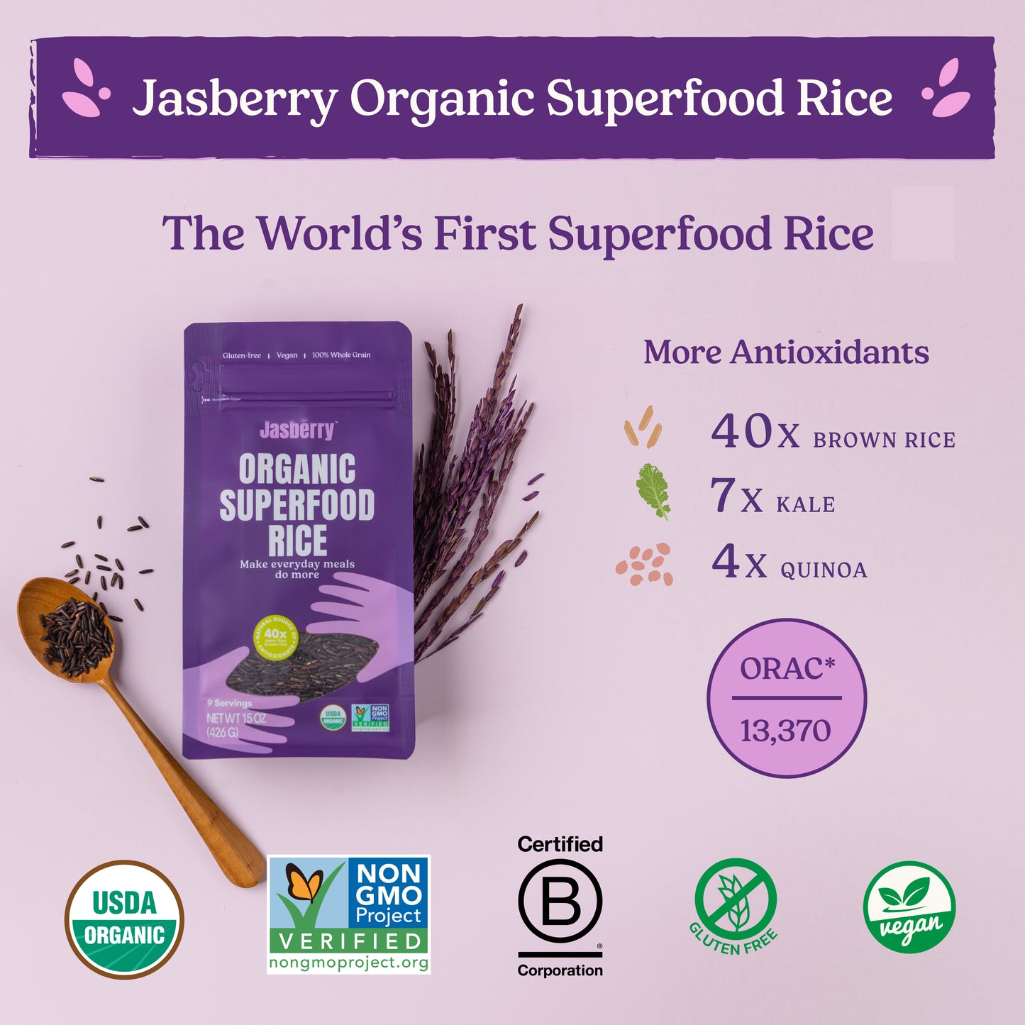 Jasberry - Organic Superfood Rice, Soft & Aromatic Whole Grain Purple Rice, High in Antioxidants, Non-GMO, Gluten-free, Easy to cook, Versatile USDA Certified Organic, Vegan (15 Oz Resealable Zip Bag)