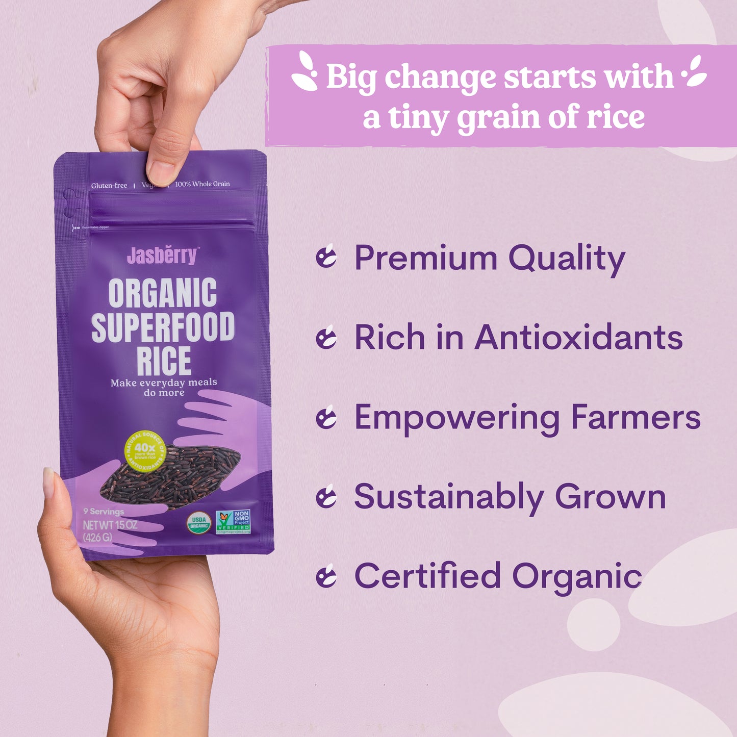 Jasberry - Organic Superfood Rice, Soft & Aromatic Whole Grain Purple Rice, High in Antioxidants, Non-GMO, Gluten-free, Easy to cook, Versatile USDA Certified Organic, Vegan (15 Oz Resealable Zip Bag)
