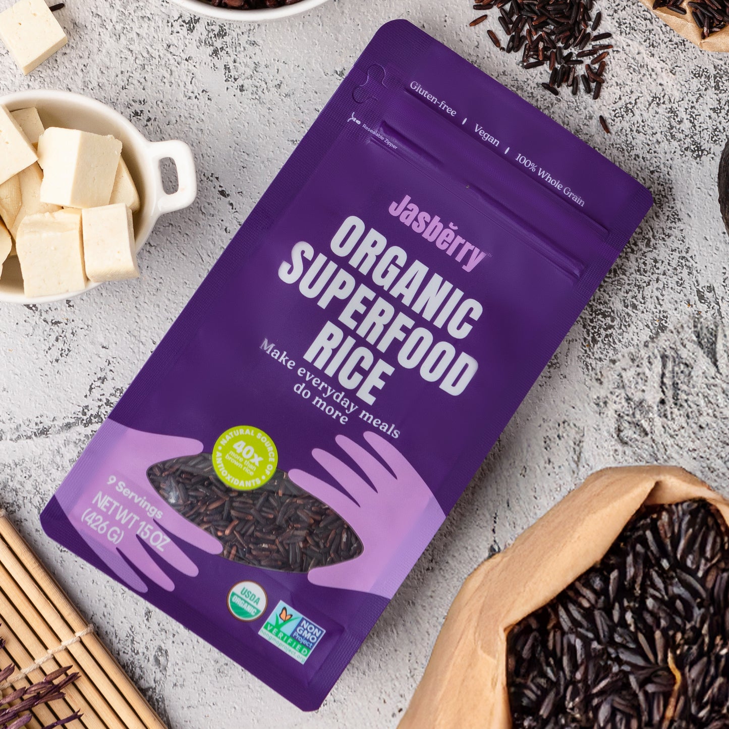 Jasberry - Organic Superfood Rice, Soft & Aromatic Whole Grain Purple Rice, High in Antioxidants, Non-GMO, Gluten-free, Easy to cook, Versatile USDA Certified Organic, Vegan (15 Oz Resealable Zip Bag)