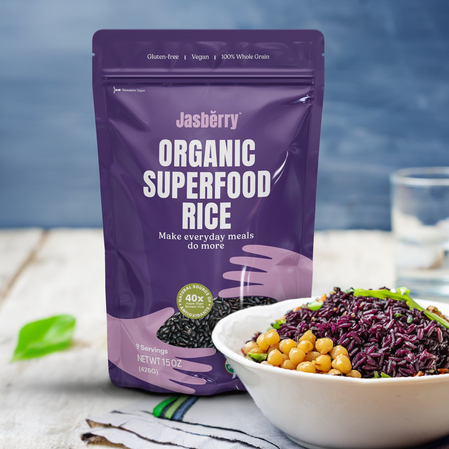 Jasberry - Organic Superfood Rice, Soft & Aromatic Whole Grain Purple Rice, High in Antioxidants, Non-GMO, Gluten-free, Easy to cook, Versatile USDA Certified Organic, Vegan (15 Oz Resealable Zip Bag)