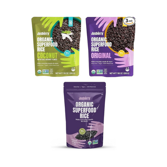 Jasberry Organic Rice - Superfood Rice with High Antioxidants, Ready to Eat or Heat, 100% Jasberry Rice, Gluten-Free, USDA Certified Organic, Mix pack (Pack of 3, 1 Coconut, 1 Original & 1 Organic)