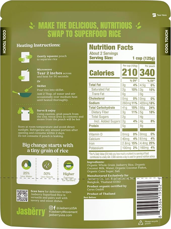 Jasberry Organic Rice - Superfood Rice with High Antioxidants, Ready to Eat or Heat, 100% Jasberry Rice, Non-GMO, Gluten-Free, USDA Certified Organic, Vegan (Pack of 6, Coconut)