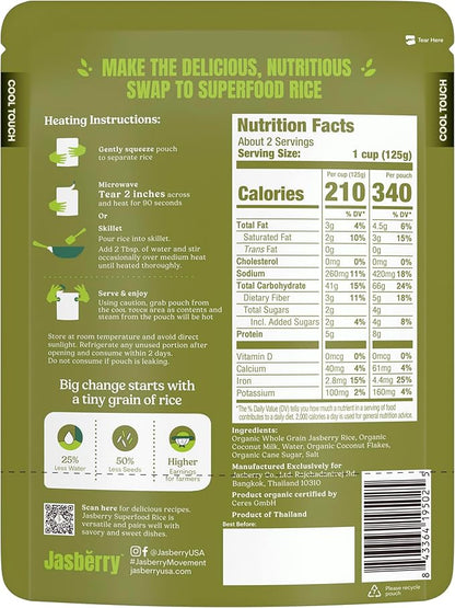 Jasberry Organic Rice - Superfood Rice with High Antioxidants, Ready to Eat or Heat, 100% Jasberry Rice, Non-GMO, Gluten-Free, USDA Certified Organic, Vegan (Pack of 6, Coconut)