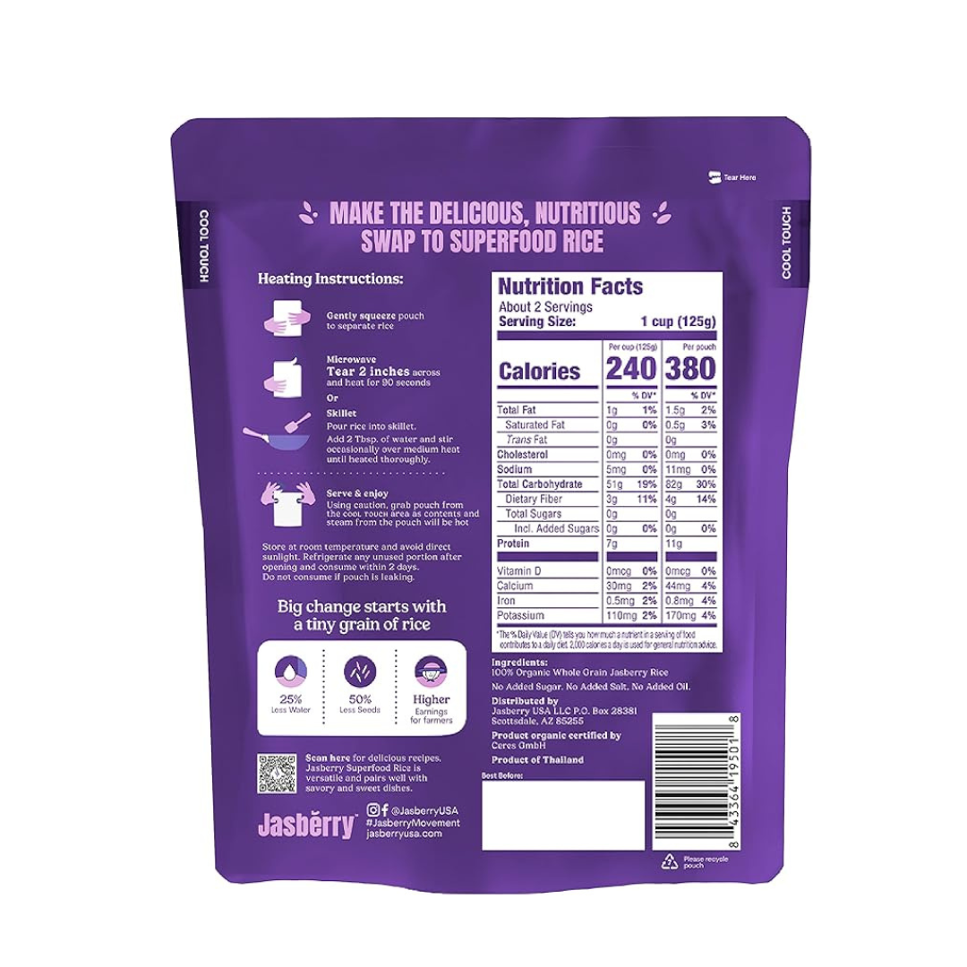 Jasberry Organic Rice - Superfood Rice with High Antioxidants, Ready to Eat or Heat, 100% Jasberry Rice, Non-GMO, Gluten-Free, USDA Certified Organic, Vegan (Pack of 6, Original)