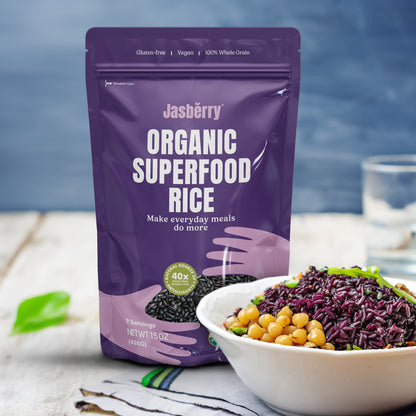 Jasberry - Organic Superfood Rice, Soft & Aromatic Whole Grain Purple Rice, High in Antioxidants, Non-GMO, Gluten-free, Easy to cook, Versatile USDA Certified Organic, Vegan (15 Oz Resealable Zip Bag)